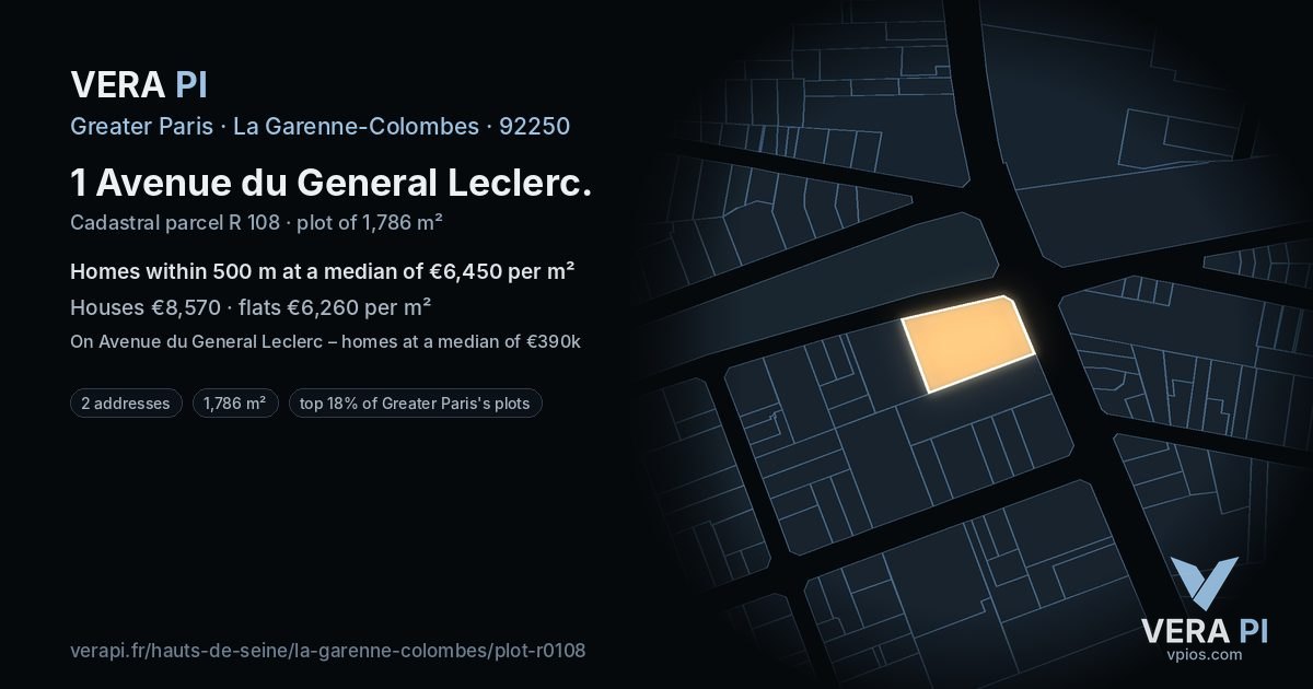 1 Avenue du General Leclerc, La Garenne-Colombes at night – the plot lit, the parcels around coloured by the prices near them