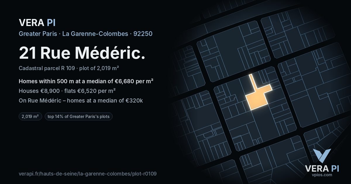 21 Rue Médéric, La Garenne-Colombes at night – the plot lit, the parcels around coloured by the prices near them