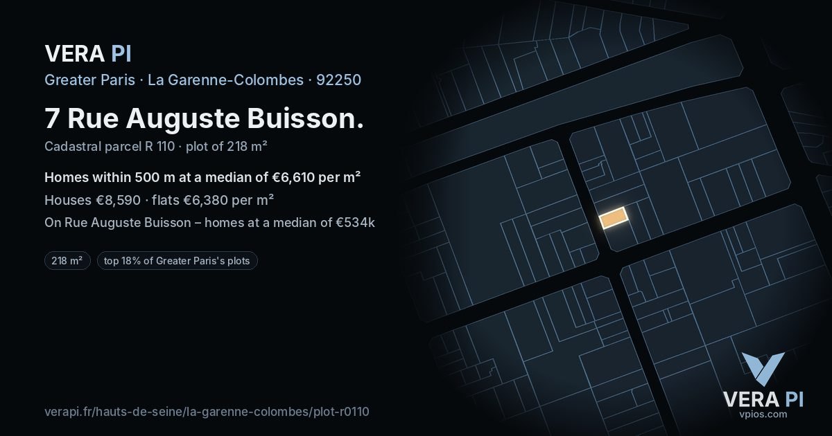 7 Rue Auguste Buisson, La Garenne-Colombes at night – the plot lit, the parcels around coloured by the prices near them