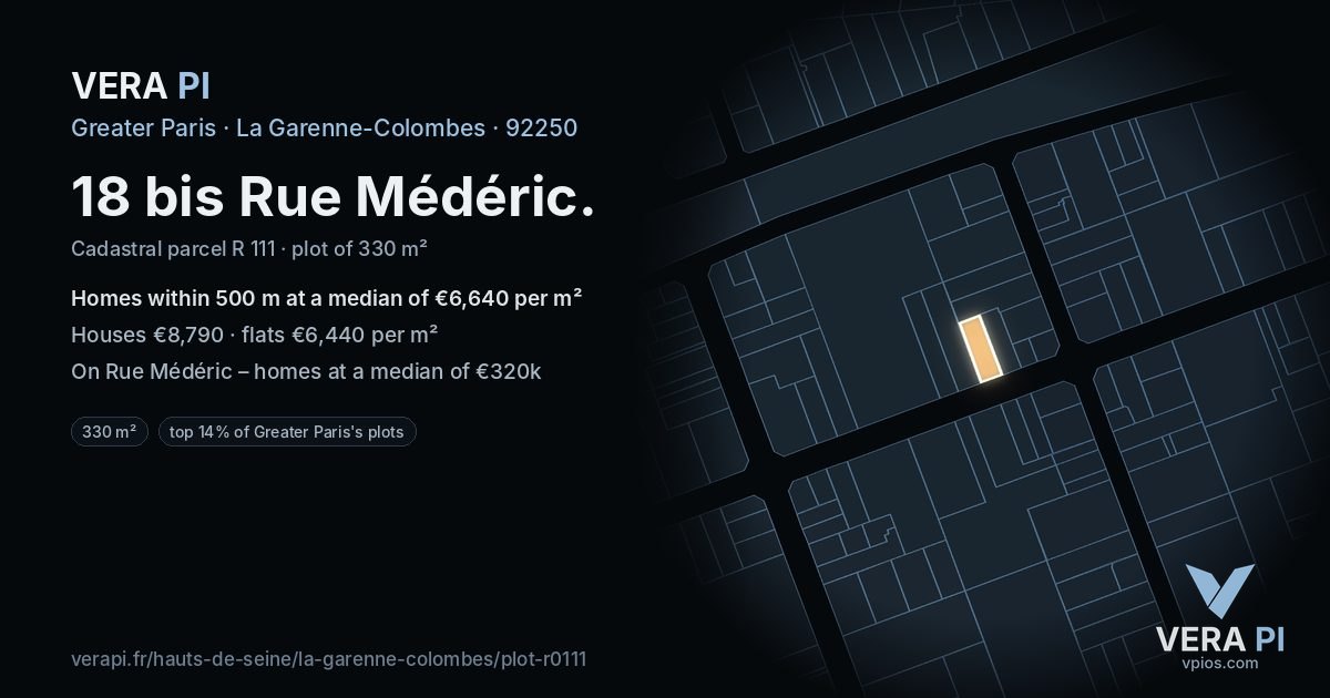 18 bis Rue Médéric, La Garenne-Colombes at night – the plot lit, the parcels around coloured by the prices near them