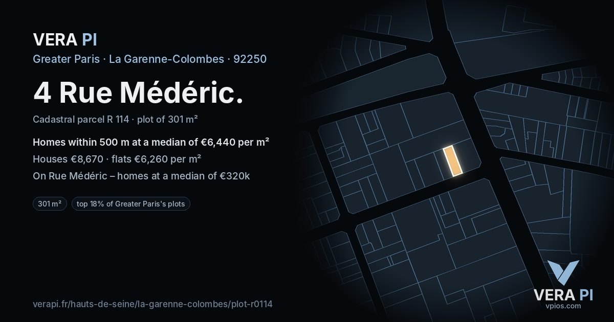 4 Rue Médéric, La Garenne-Colombes at night – the plot lit, the parcels around coloured by the prices near them