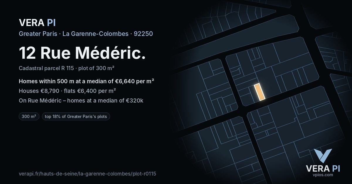 12 Rue Médéric, La Garenne-Colombes at night – the plot lit, the parcels around coloured by the prices near them