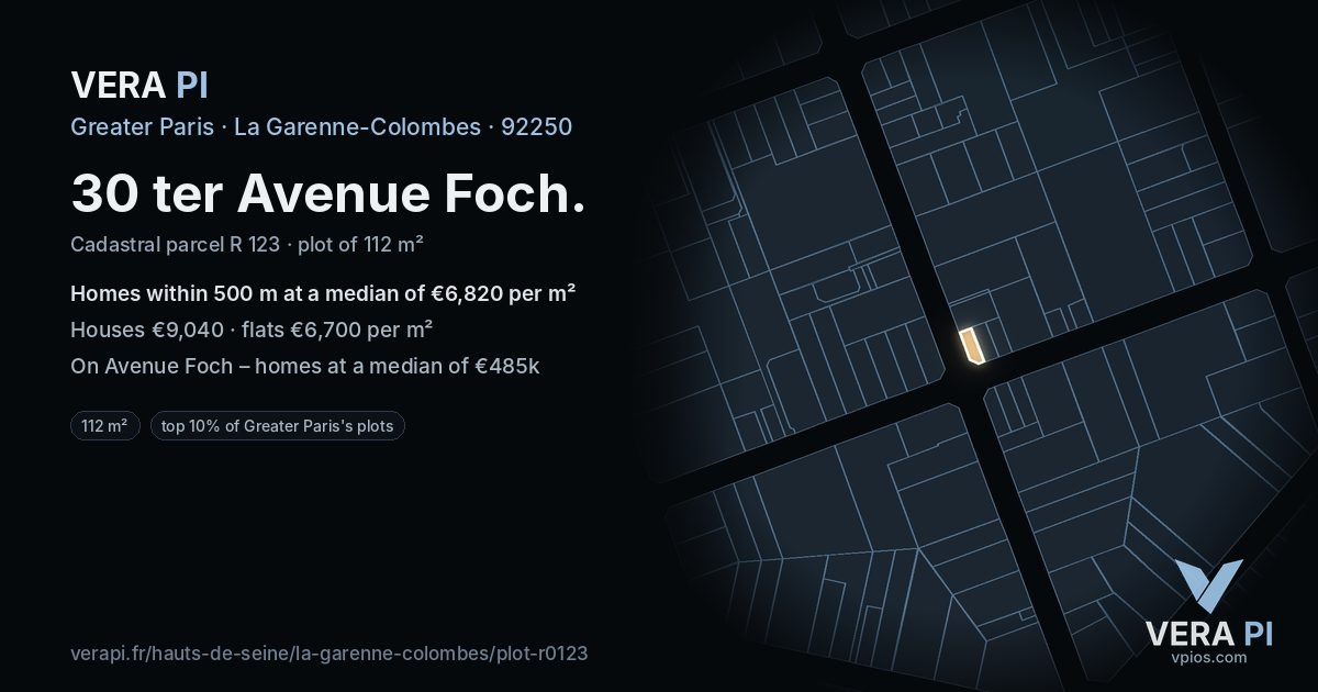 30 ter Avenue Foch, La Garenne-Colombes at night – the plot lit, the parcels around coloured by the prices near them