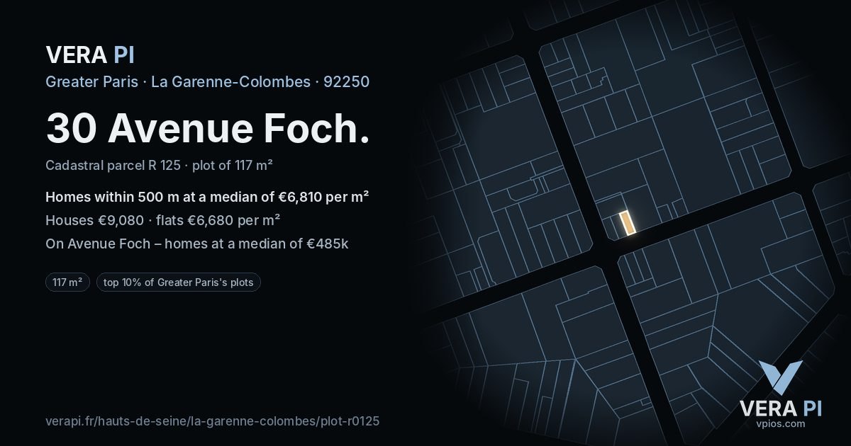 30 Avenue Foch, La Garenne-Colombes at night – the plot lit, the parcels around coloured by the prices near them