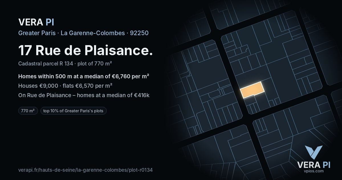 17 Rue de Plaisance, La Garenne-Colombes at night – the plot lit, the parcels around coloured by the prices near them