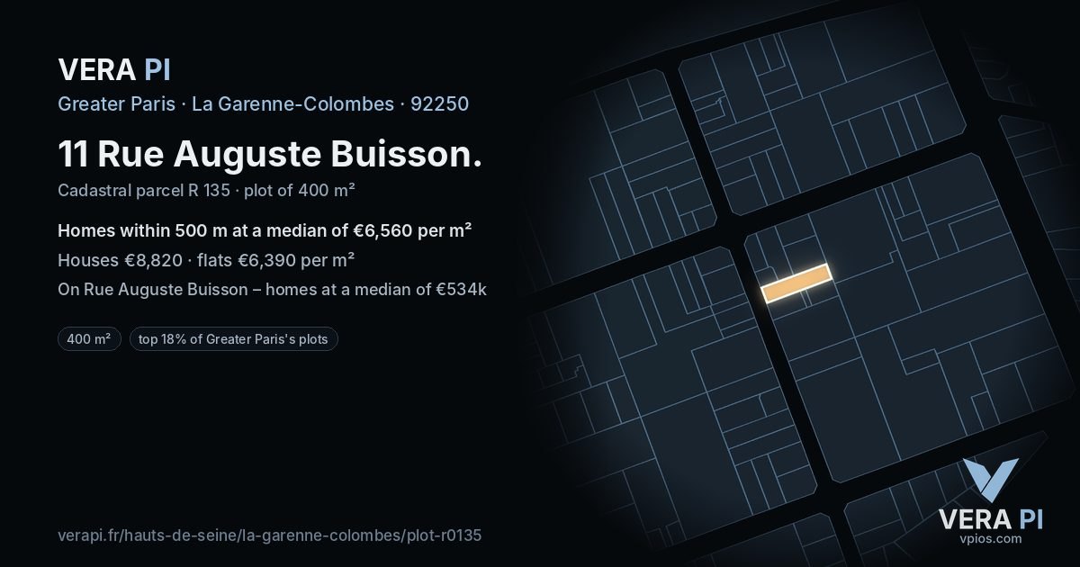 11 Rue Auguste Buisson, La Garenne-Colombes at night – the plot lit, the parcels around coloured by the prices near them