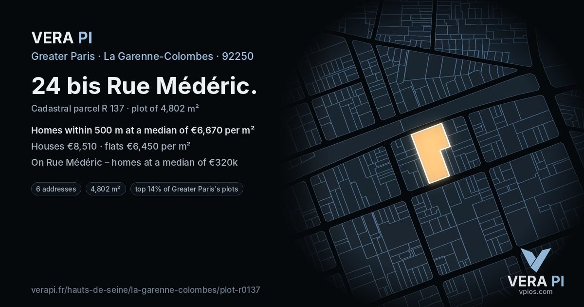 24 bis Rue Médéric, La Garenne-Colombes at night – the plot lit, the parcels around coloured by the prices near them