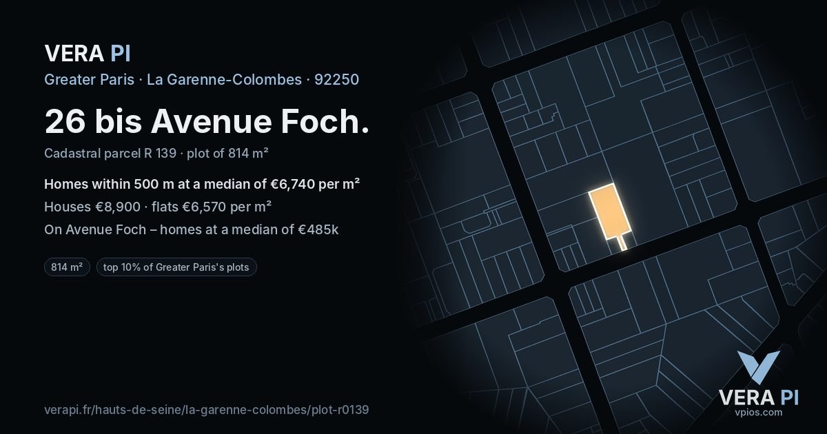 26 bis Avenue Foch, La Garenne-Colombes at night – the plot lit, the parcels around coloured by the prices near them