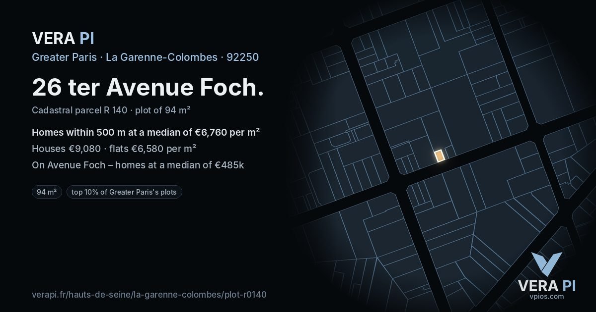 26 ter Avenue Foch, La Garenne-Colombes at night – the plot lit, the parcels around coloured by the prices near them