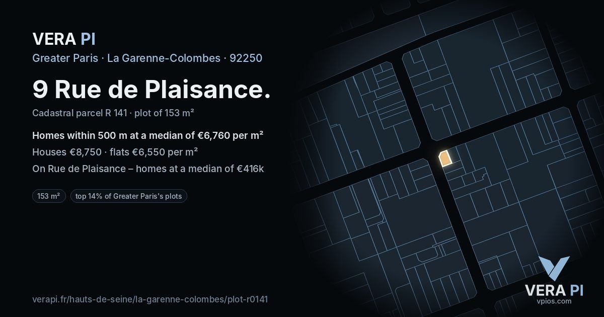 9 Rue de Plaisance, La Garenne-Colombes at night – the plot lit, the parcels around coloured by the prices near them