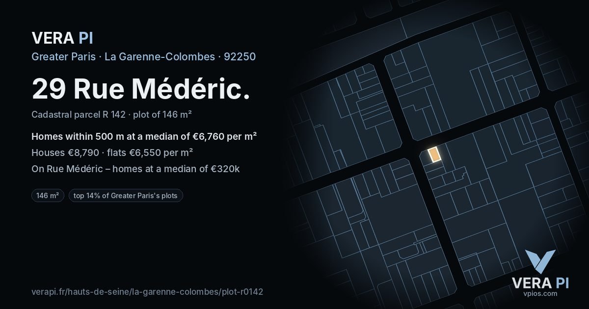 29 Rue Médéric, La Garenne-Colombes at night – the plot lit, the parcels around coloured by the prices near them