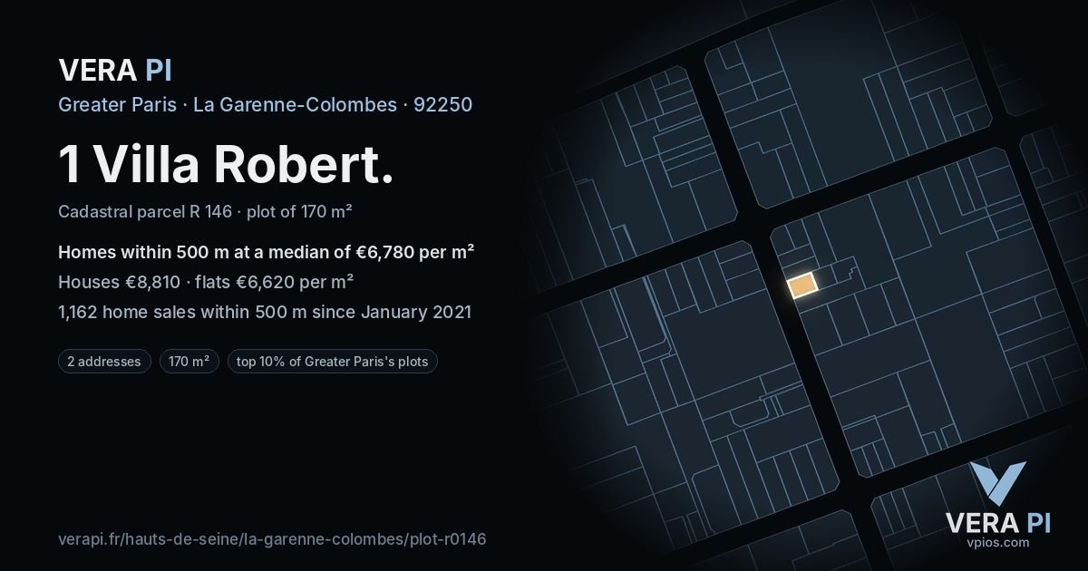 1 Villa Robert, La Garenne-Colombes at night – the plot lit, the parcels around coloured by the prices near them