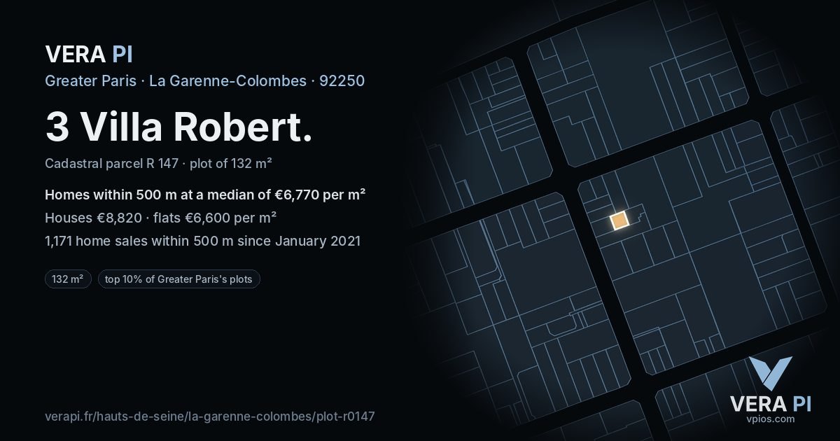 3 Villa Robert, La Garenne-Colombes at night – the plot lit, the parcels around coloured by the prices near them