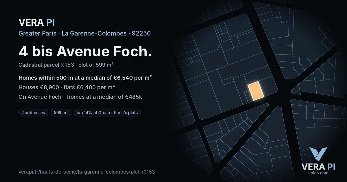 4 bis Avenue Foch, La Garenne-Colombes at night – the plot lit, the parcels around coloured by the prices near them