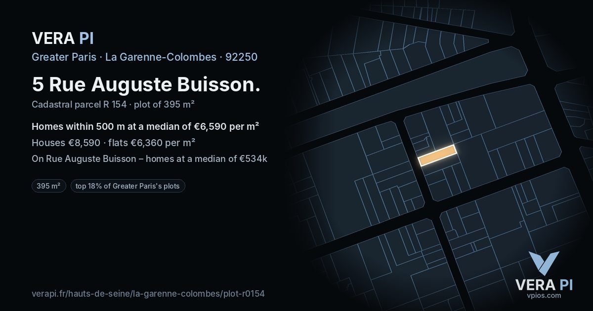 5 Rue Auguste Buisson, La Garenne-Colombes at night – the plot lit, the parcels around coloured by the prices near them