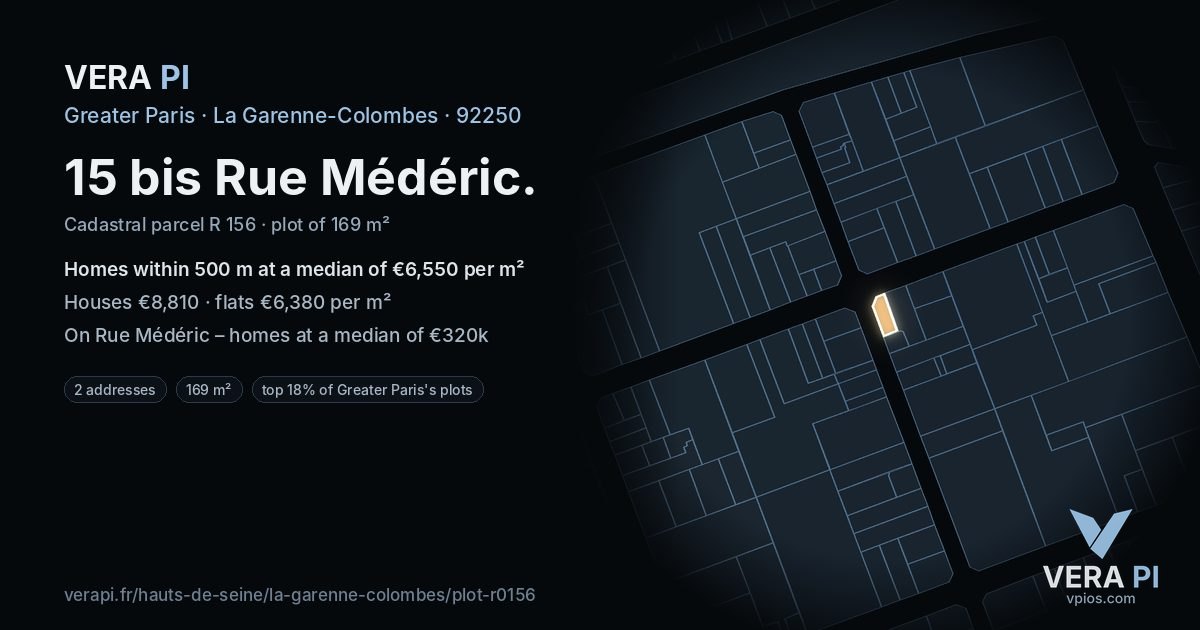 15 bis Rue Médéric, La Garenne-Colombes at night – the plot lit, the parcels around coloured by the prices near them