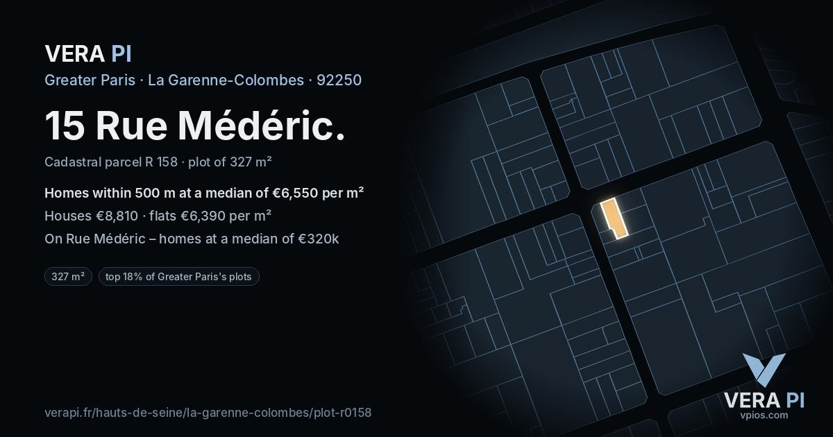 15 Rue Médéric, La Garenne-Colombes at night – the plot lit, the parcels around coloured by the prices near them