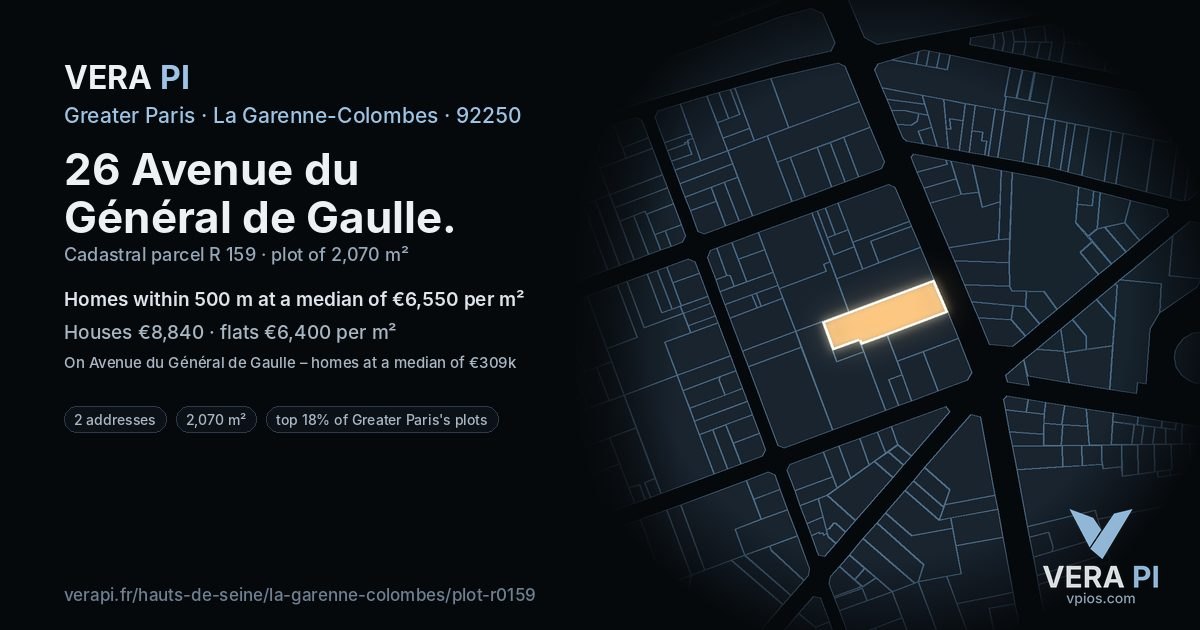 26 Avenue du Général de Gaulle, La Garenne-Colombes at night – the plot lit, the parcels around coloured by the prices near them