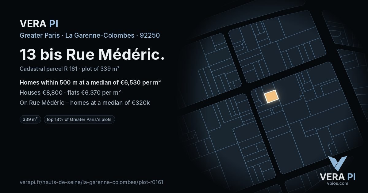 13 bis Rue Médéric, La Garenne-Colombes at night – the plot lit, the parcels around coloured by the prices near them