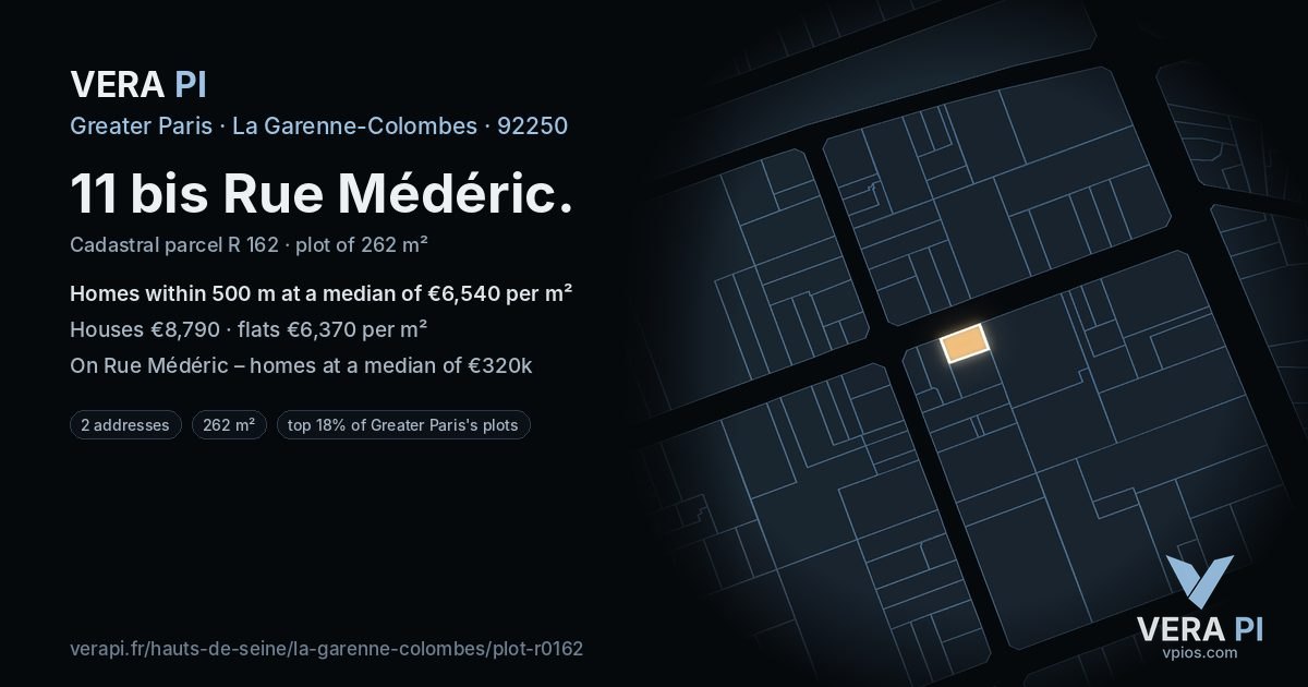 11 bis Rue Médéric, La Garenne-Colombes at night – the plot lit, the parcels around coloured by the prices near them