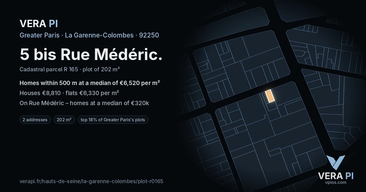 5 bis Rue Médéric, La Garenne-Colombes at night – the plot lit, the parcels around coloured by the prices near them