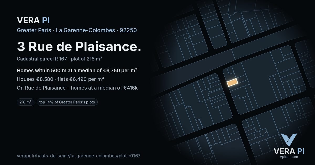 3 Rue de Plaisance, La Garenne-Colombes at night – the plot lit, the parcels around coloured by the prices near them