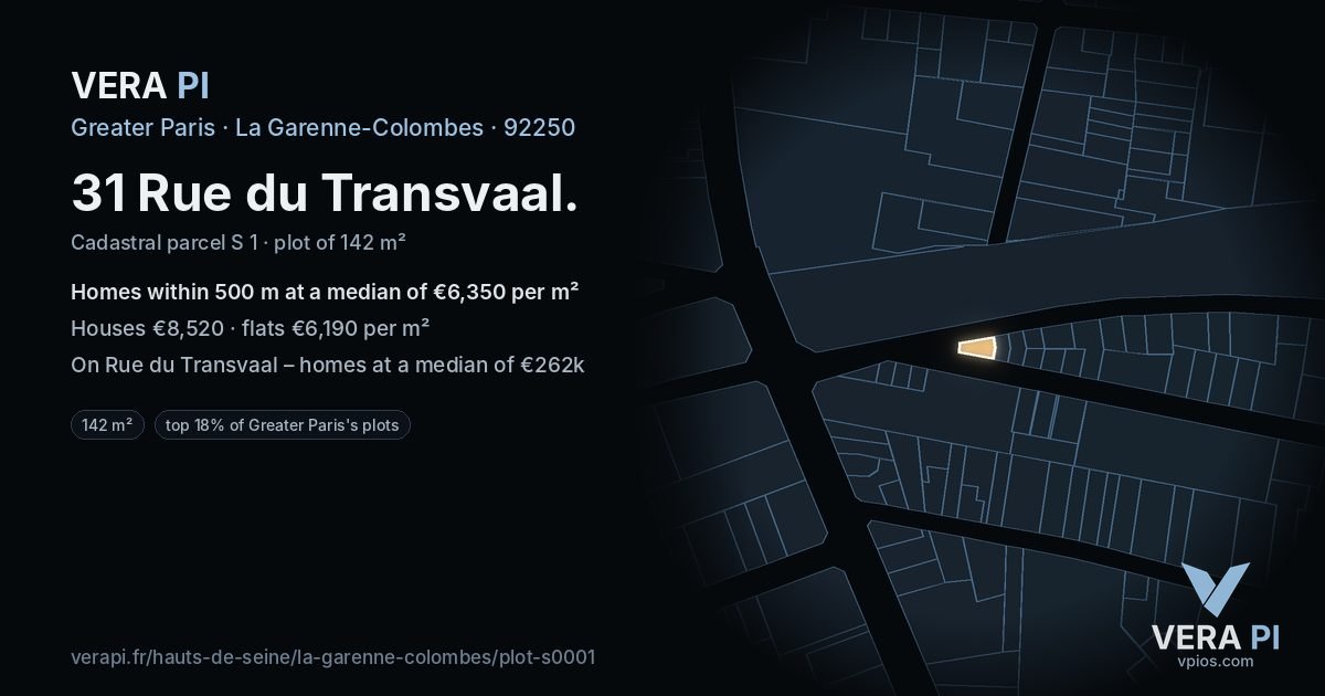 31 Rue du Transvaal, La Garenne-Colombes at night – the plot lit, the parcels around coloured by the prices near them