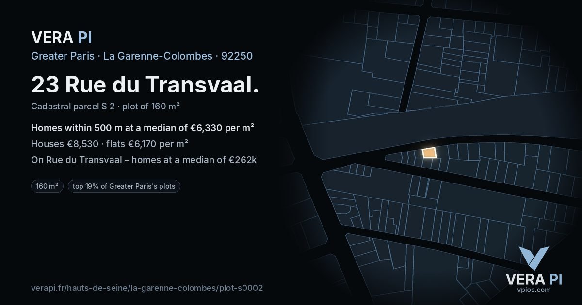 23 Rue du Transvaal, La Garenne-Colombes at night – the plot lit, the parcels around coloured by the prices near them