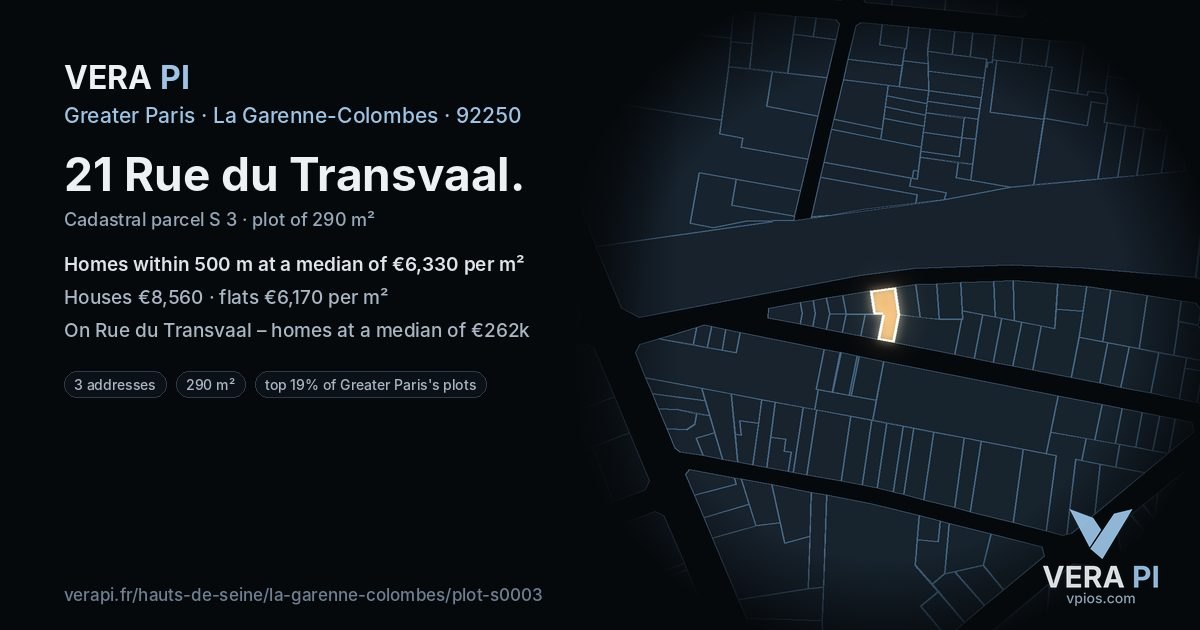 21 Rue du Transvaal, La Garenne-Colombes at night – the plot lit, the parcels around coloured by the prices near them