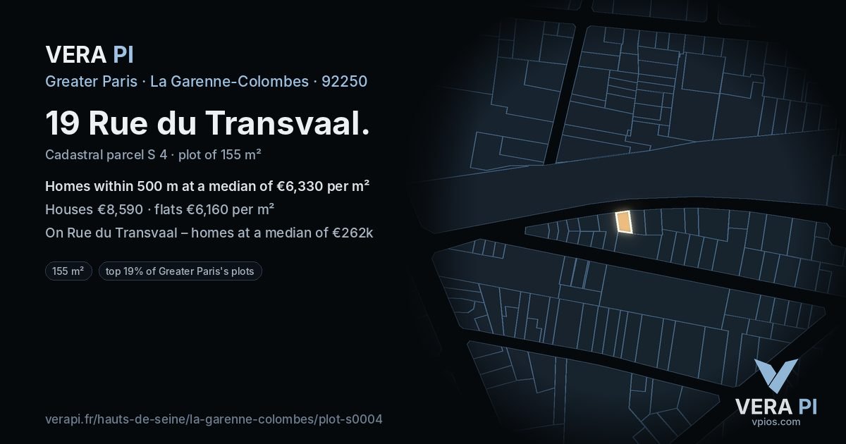 19 Rue du Transvaal, La Garenne-Colombes at night – the plot lit, the parcels around coloured by the prices near them