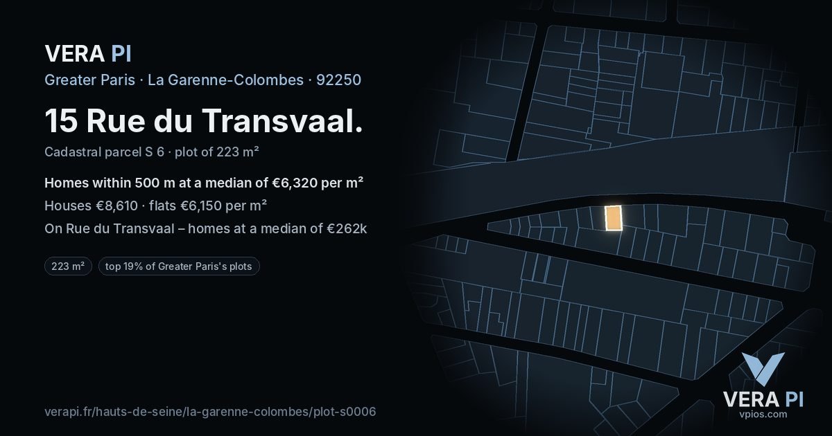 15 Rue du Transvaal, La Garenne-Colombes at night – the plot lit, the parcels around coloured by the prices near them