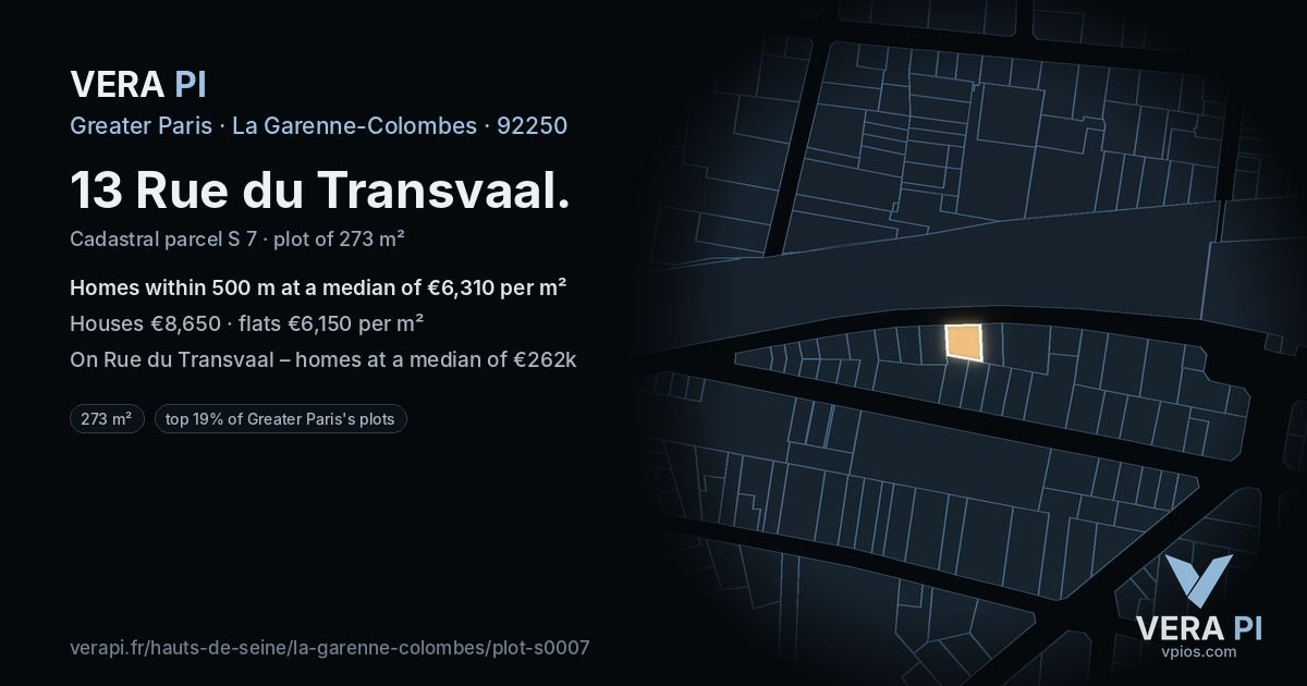 13 Rue du Transvaal, La Garenne-Colombes at night – the plot lit, the parcels around coloured by the prices near them