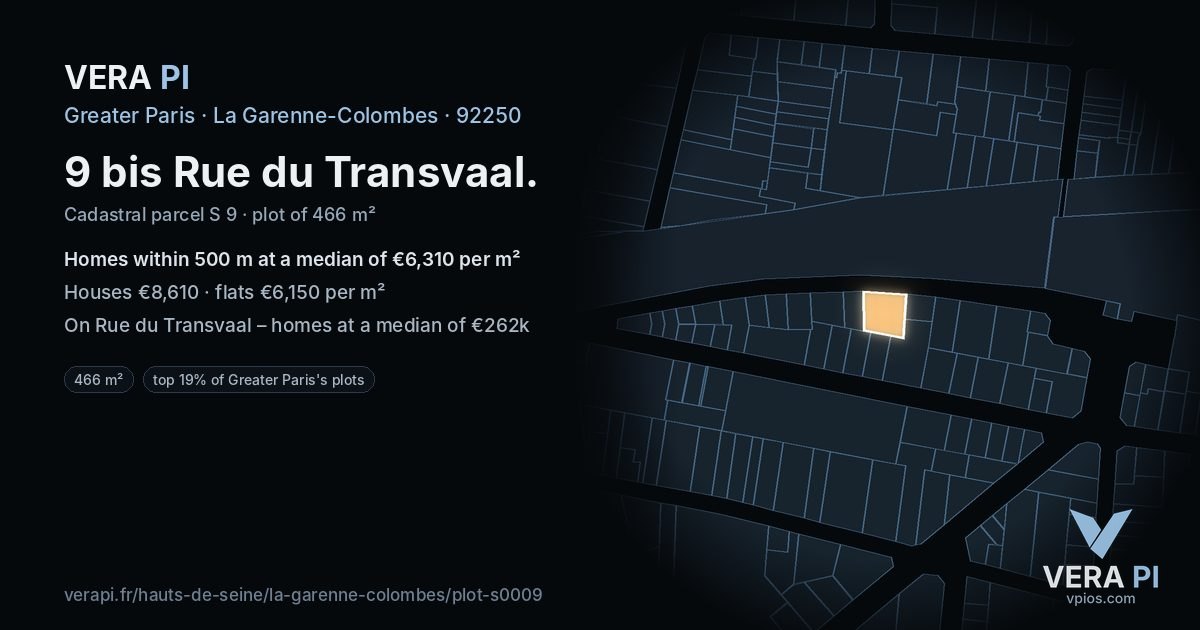 9 bis Rue du Transvaal, La Garenne-Colombes at night – the plot lit, the parcels around coloured by the prices near them