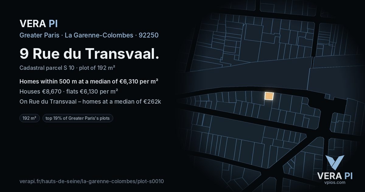 9 Rue du Transvaal, La Garenne-Colombes at night – the plot lit, the parcels around coloured by the prices near them