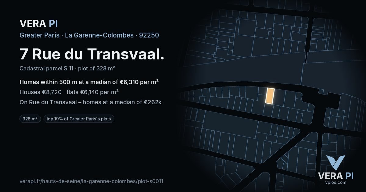 7 Rue du Transvaal, La Garenne-Colombes at night – the plot lit, the parcels around coloured by the prices near them