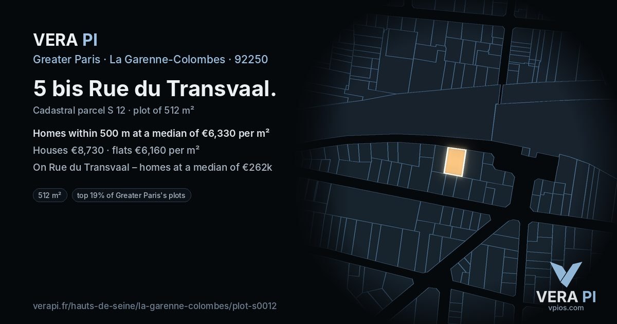 5 bis Rue du Transvaal, La Garenne-Colombes at night – the plot lit, the parcels around coloured by the prices near them