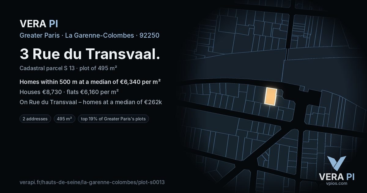 3 Rue du Transvaal, La Garenne-Colombes at night – the plot lit, the parcels around coloured by the prices near them