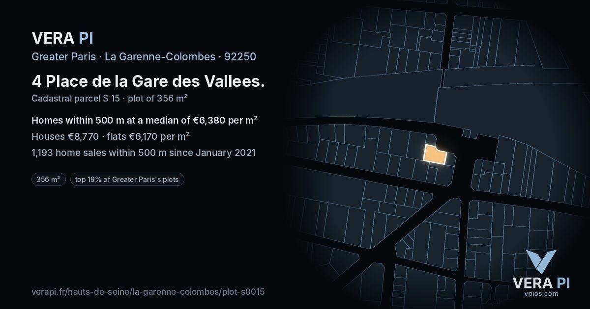 4 Place de la Gare des Vallees, La Garenne-Colombes at night – the plot lit, the parcels around coloured by the prices near them