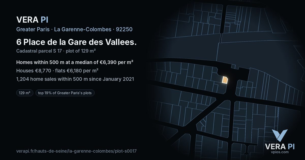6 Place de la Gare des Vallees, La Garenne-Colombes at night – the plot lit, the parcels around coloured by the prices near them
