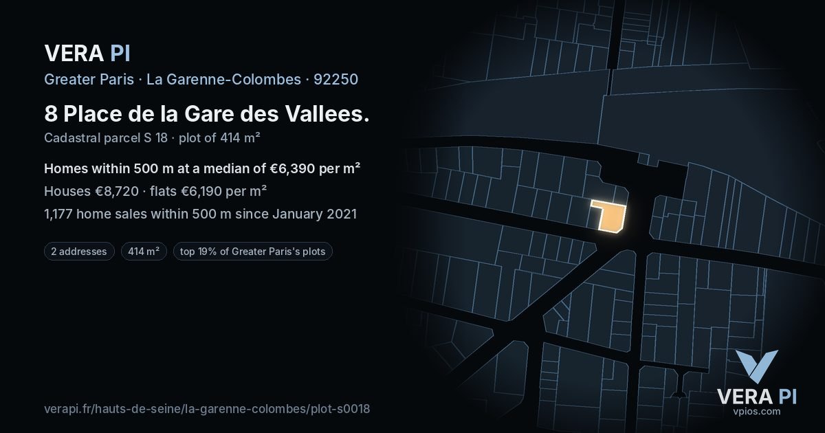 8 Place de la Gare des Vallees, La Garenne-Colombes at night – the plot lit, the parcels around coloured by the prices near them