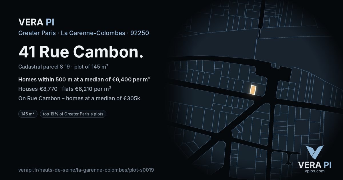 41 Rue Cambon, La Garenne-Colombes at night – the plot lit, the parcels around coloured by the prices near them
