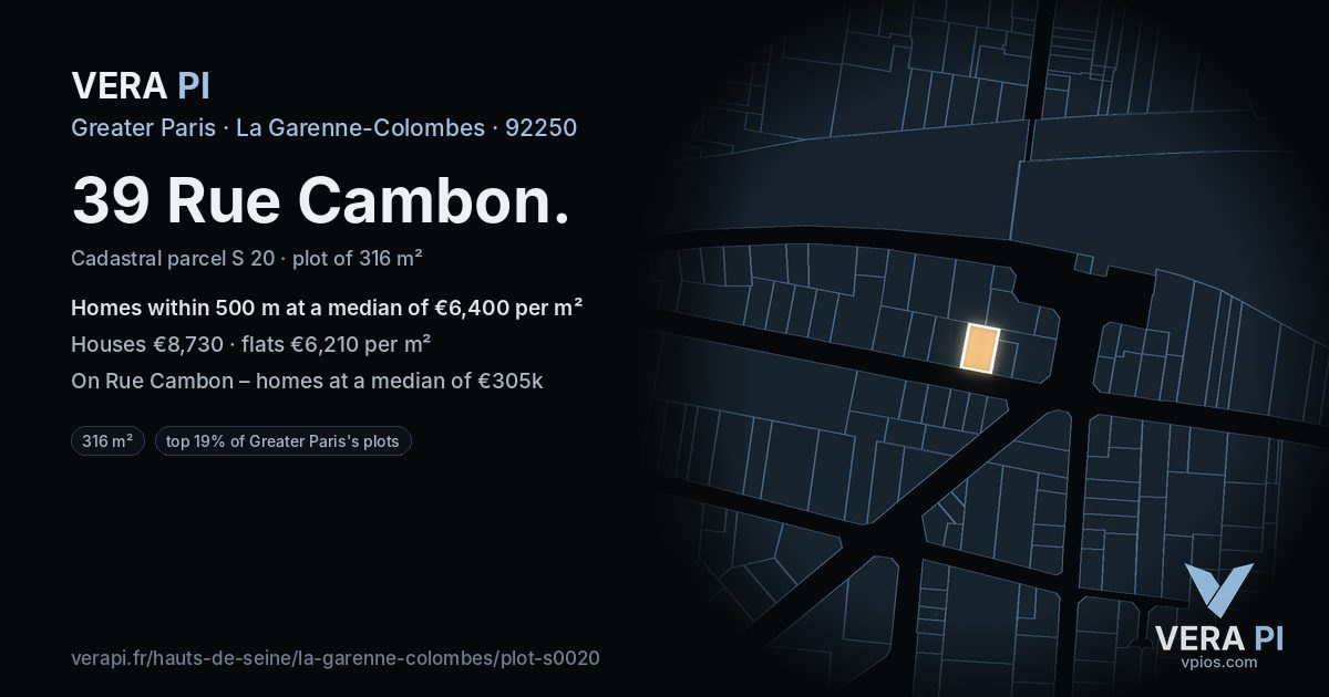 39 Rue Cambon, La Garenne-Colombes at night – the plot lit, the parcels around coloured by the prices near them
