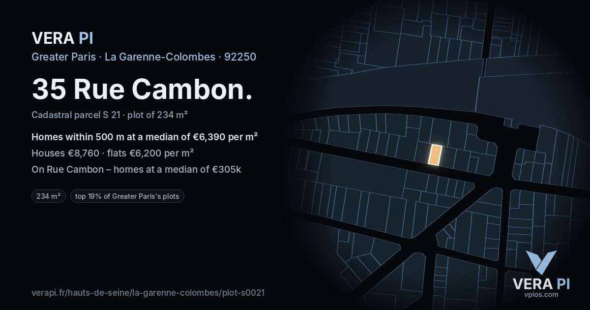 35 Rue Cambon, La Garenne-Colombes at night – the plot lit, the parcels around coloured by the prices near them
