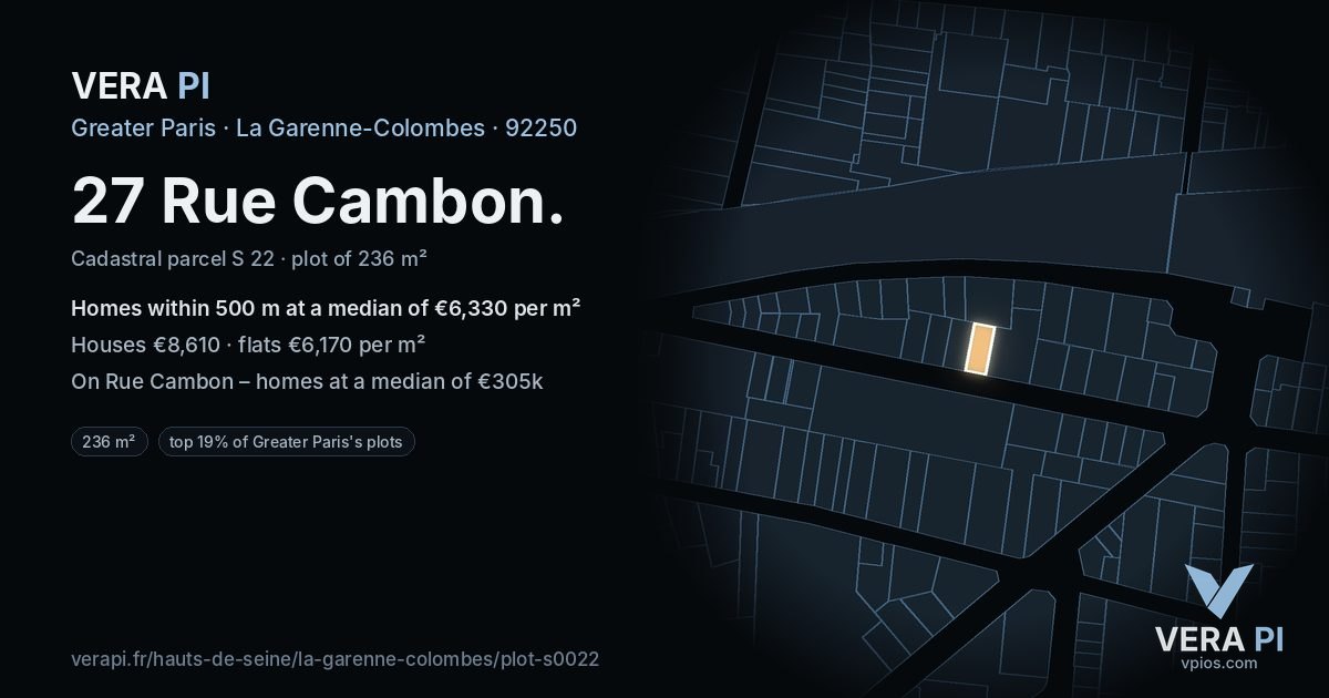 27 Rue Cambon, La Garenne-Colombes at night – the plot lit, the parcels around coloured by the prices near them