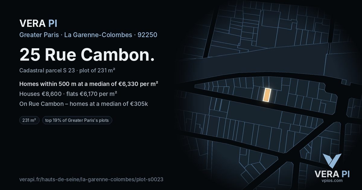 25 Rue Cambon, La Garenne-Colombes at night – the plot lit, the parcels around coloured by the prices near them