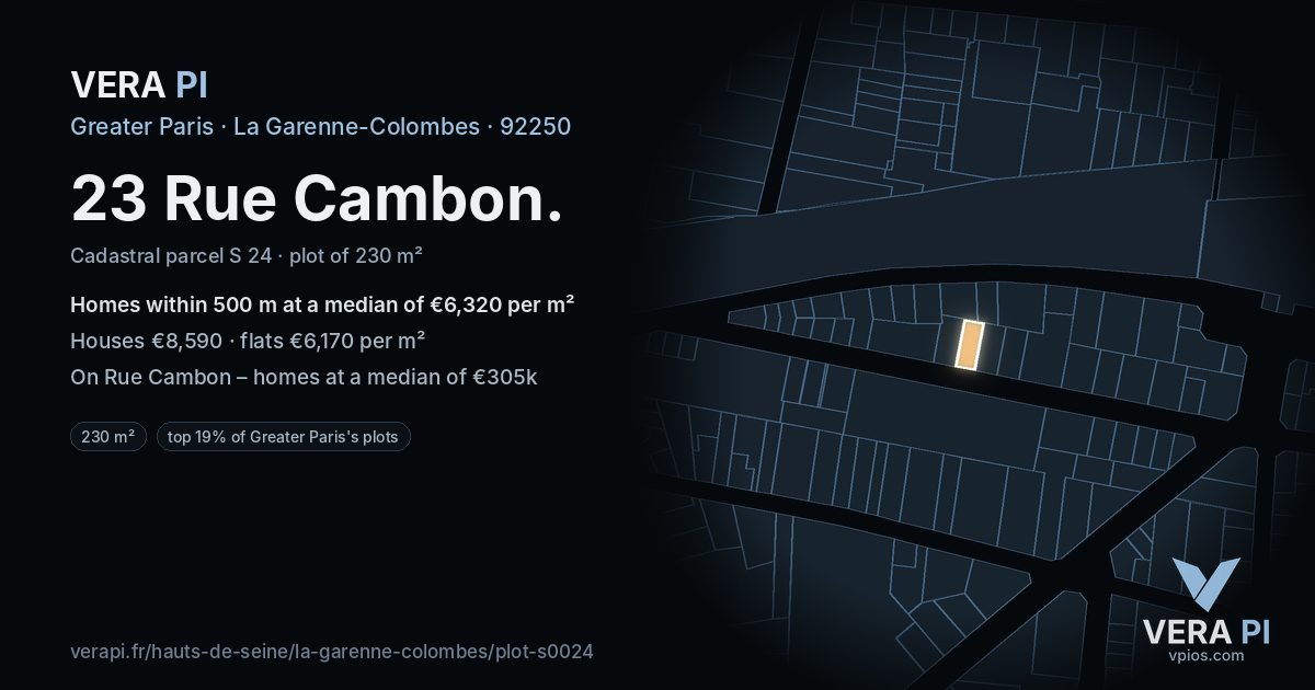 23 Rue Cambon, La Garenne-Colombes at night – the plot lit, the parcels around coloured by the prices near them