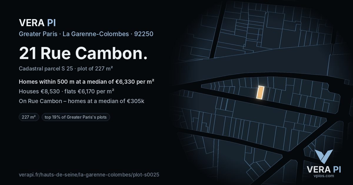 21 Rue Cambon, La Garenne-Colombes at night – the plot lit, the parcels around coloured by the prices near them
