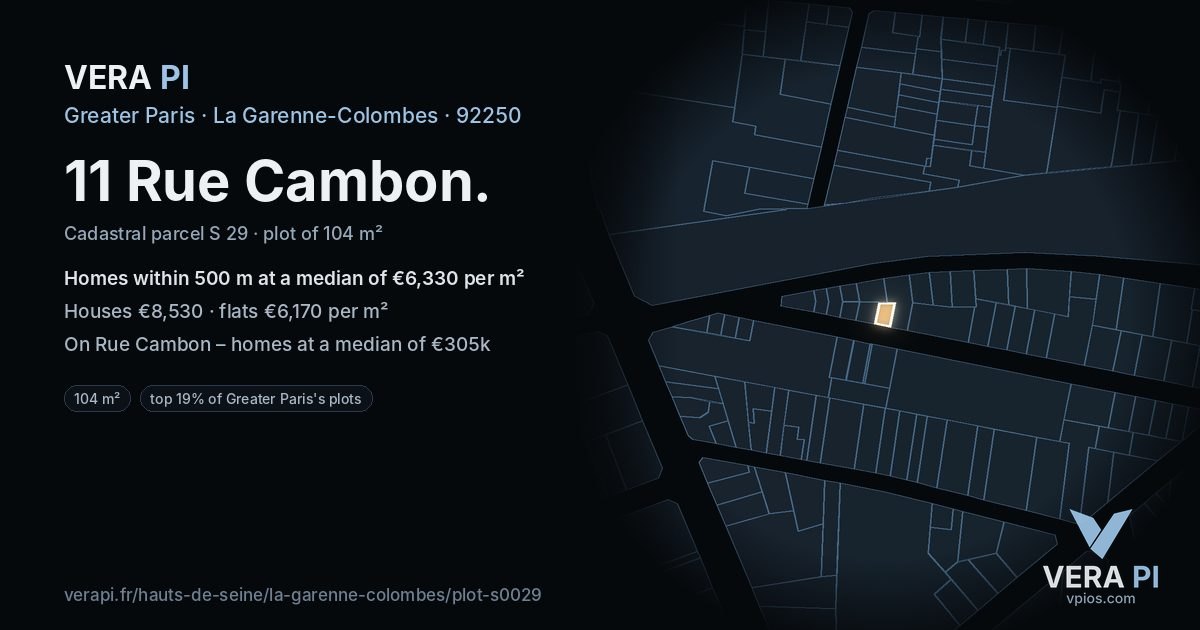 11 Rue Cambon, La Garenne-Colombes at night – the plot lit, the parcels around coloured by the prices near them