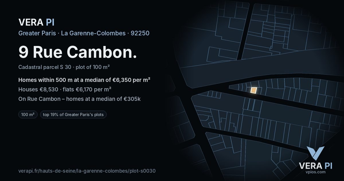 9 Rue Cambon, La Garenne-Colombes at night – the plot lit, the parcels around coloured by the prices near them