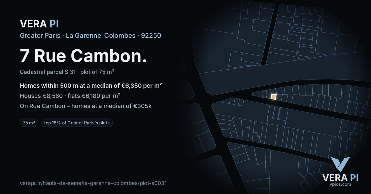 7 Rue Cambon, La Garenne-Colombes at night – the plot lit, the parcels around coloured by the prices near them